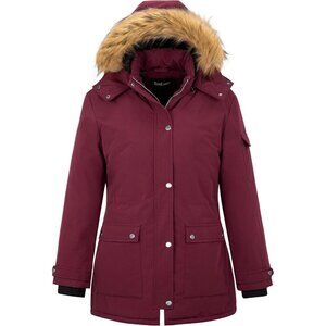 Women's Red Winter Plus Size Waterproof Thicken Puffer Coat With Faux Fur Hood